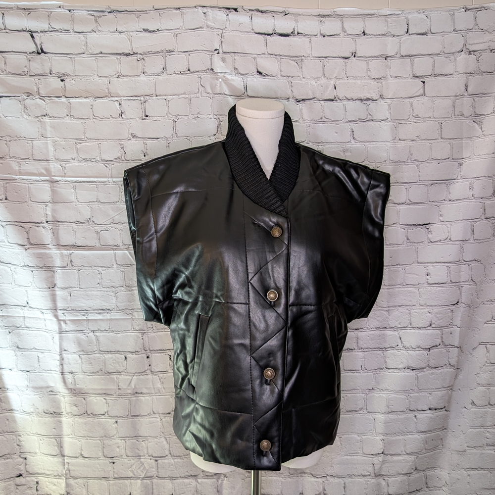 Truth Black Faux Leather Short-Sleeve Puffer Vest Size Medium